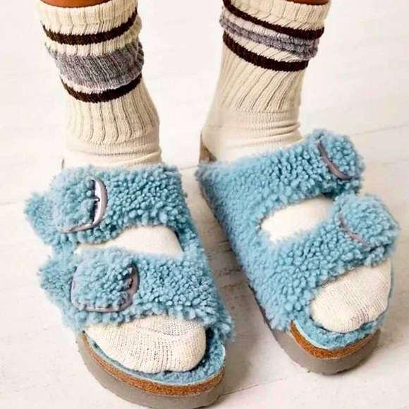 Papillio by Birkenstock Teddy Sherling Blue Platform Big Buckle Sandals - Picture 1 of 8